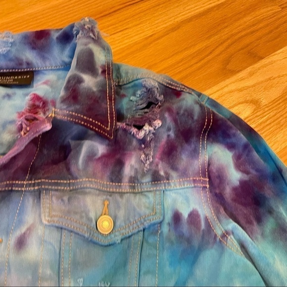 Tie dyed distressed jean jacket blue purple galaxy underwater unisex L/XL - Picture 4 of 12